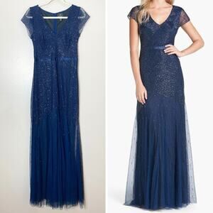 ADRIANNA PAPELL DRESS 6 BEADED MAXI LONG GOWN LATTICE BLUE EVENING FORMAL CHIC